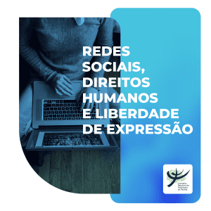 Redes Sociais, Direitos Humanos e liberdade de expressão. Fundo azul, foto de pessoa usando computador. Logo do CRP-PR.